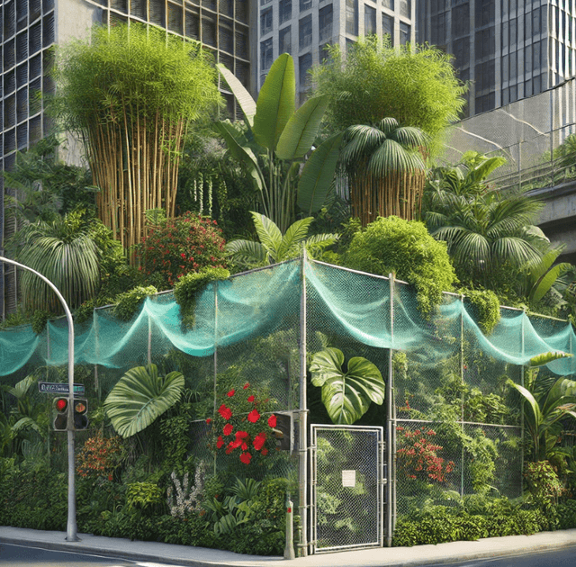 Protection of a tropical urban garden with hedges, fences and nets